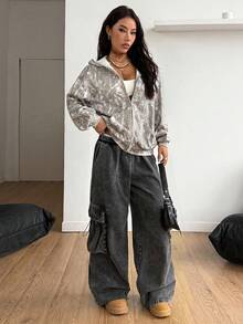 Coolane 女士秋冬外出街头风情侣同款/情侣同款/基础款/外出针织迷彩保暖内衬拉链宽松长袖卫衣 - 彩色 - 查看 3