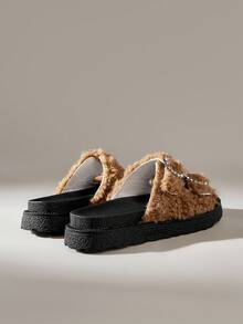 Solecia 女式搭扣设计毛绒厚底复古拖鞋 - 棕色 - 查看 4