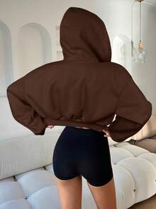 Aloruh Áo khoác nỉ có mũ trùm đầu thời trang thu đông mới cho nữ, áo nỉ thể thao ngắn thời trang - Cà phê nâu - Xem 2