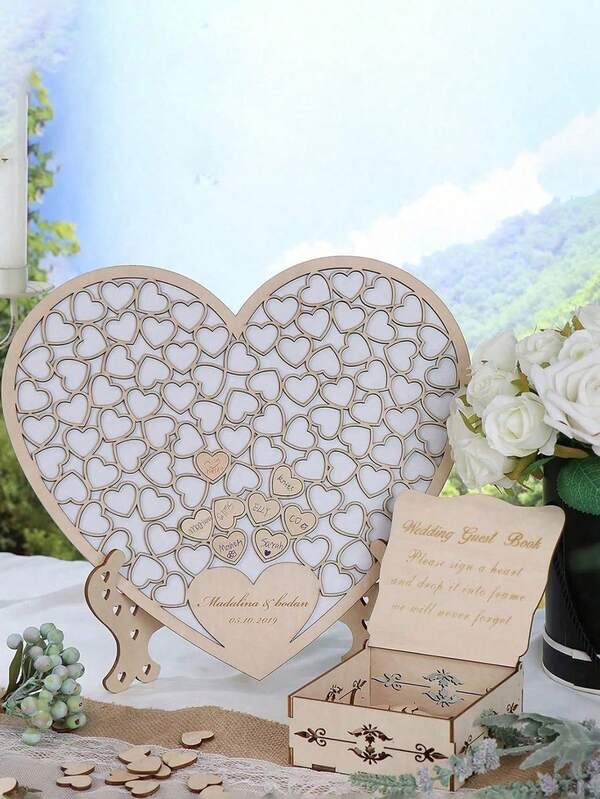101 PCS Heart-Shaped Inserts Fillable Wooden Guest Book With Gift Box Set | Rustic Style Wedding Anniversary Sign-In Book Alternative To Traditional Guestbook