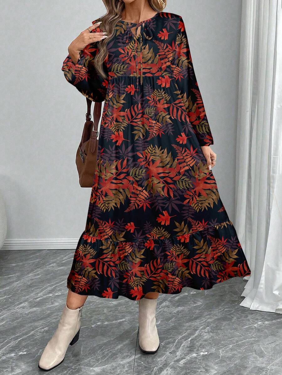 SHEIN LUNE Vestido de cubrir con cuello de corbata, volantes en el bajo y estampado de patchwork para mujer - Multicolor - Ver 1