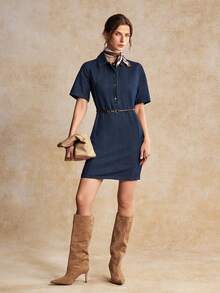 House of One Dark Washed Denim Collared Button-Up Short Sleeves Mini Dress Women Casual Spring Autumn