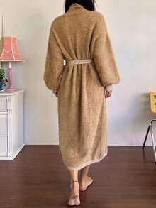 DAZY Women's Long Plush Faux Mink Belted Robe, Warm Home Dress For Winter, Fall Pajama, Cozy Outfit - Camel - View 2