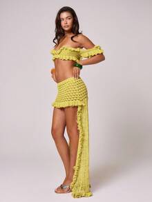 MUSERA Glitter Crochet Knit Off Shoulder Ruffle Trim Cropped Bralette Top Only Spring Summer Vacation Boho Ibiza Elegant Club Beach Cute Sexy Festival Cover Up Birthday Fall Autumn Winter Date Night