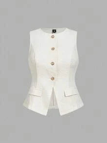 SHEIN MOD 大码无袖西装背心，夏季提花纹理西装背心，大码优雅夏季西装背心，女式白色背心，女式无袖西装外套，女式白色背心，女式白色西装背心，女式无袖西装外套，秋季夹克背心 - 杏色 - 查看 9