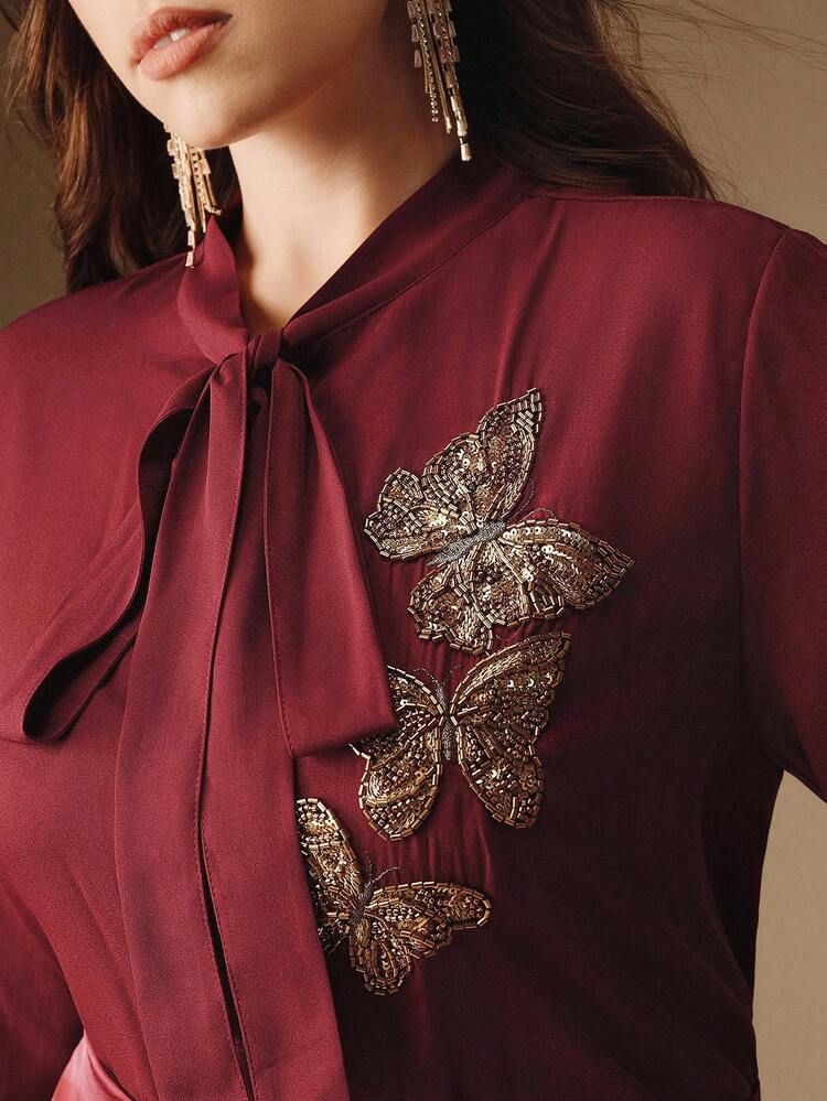 Plus Size Women's Fashionable High-End Casual Beaded Butterfly Pattern Long Sleeve Blouse