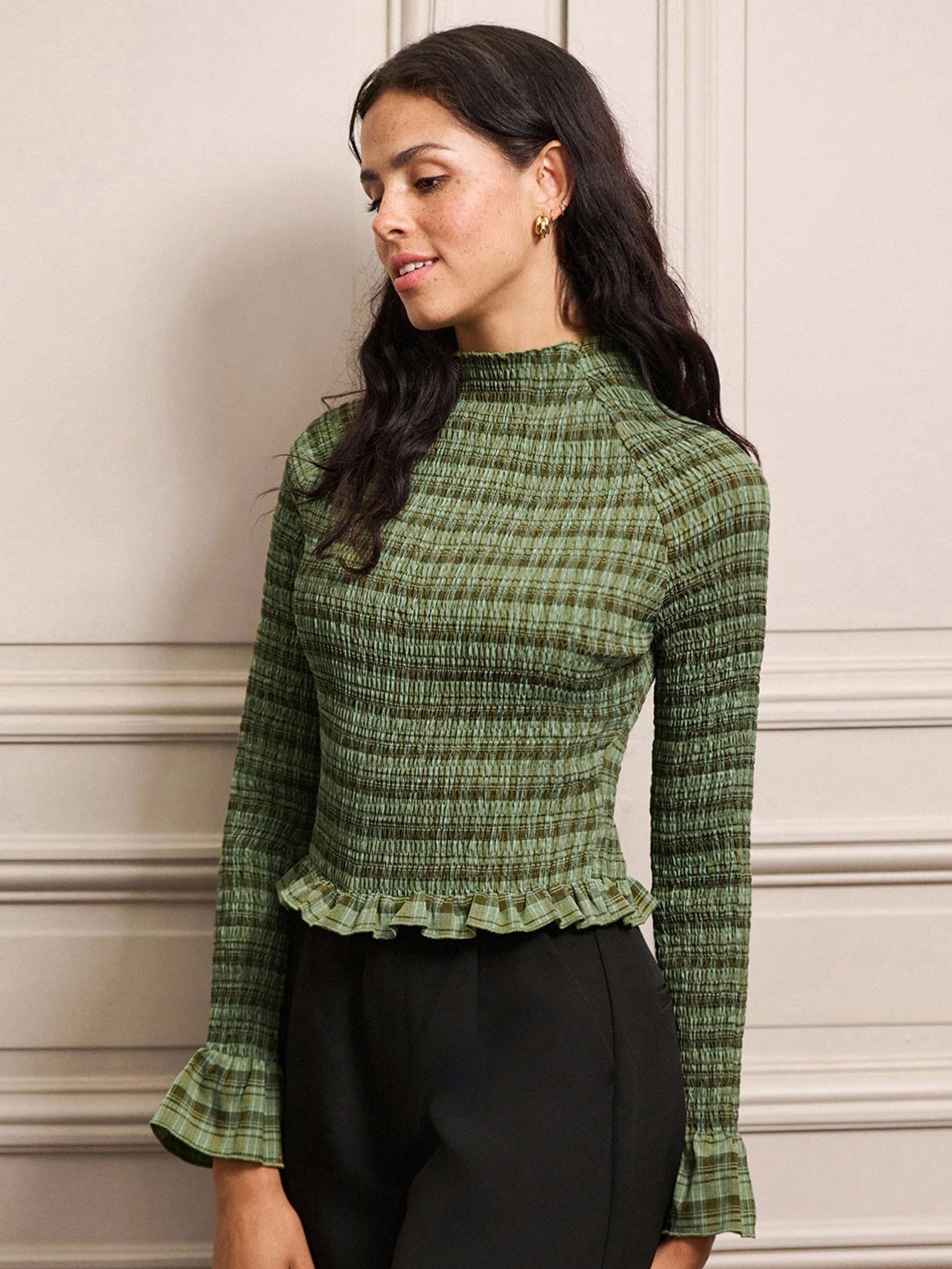 Top Ajustada com Franzidos, Punhos e Barra Franzida, Xadrez Verde Outono, Roupas Femininas de Outono e Inverno