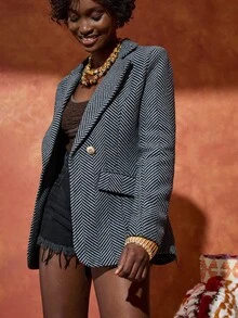 Bóhologie 人字纹图案西装外套，双排扣，金色纽扣，缺口翻领，翻盖口袋，剪裁合身，优雅的办公室着装，夹克，夹克，女式皮夹克，女式夹克，皮夹克，女式飞行员夹克，大衣，女式夹克，大衣，绒面革夹克 - 彩色 - 查看 3