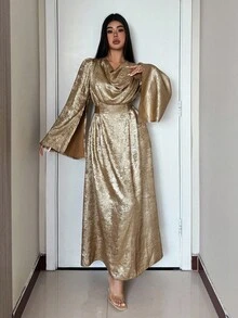 Modelyn Autumn/Winter Woven Gold Foil Shiny Draped Neck Tie-Waist Loose Split Hem Long Sleeve A-Line Dress, Fashionable & Elegant For Outings, Parties, Gatherings