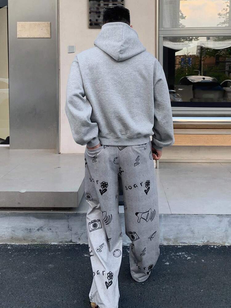 Men's Letter Print Graphic Hoodie And Solid Color Pants Set, Streetwear Style, Autumn