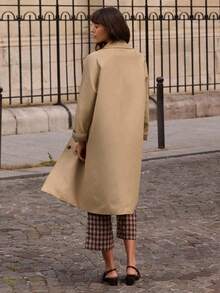 lacRébo Beige Oversized Trench Coat With Button Front Opening And Check Lining Fall Spring Summer Coat Old Money Style Luxury Premium - Apricot - View 2