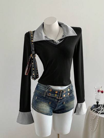 Sweetra 1 件女式条纹拼接不对称下摆紧身长袖 T 恤，二合一衬衫领，时尚休闲街头风格，秋冬图案 T 恤女式春季上衣