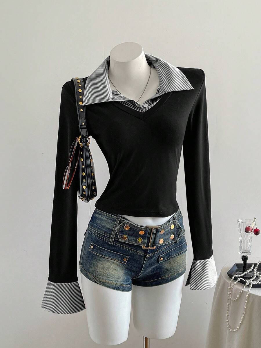 Sweetra 1 件女式条纹拼接不对称下摆紧身长袖 T 恤，二合一衬衫领，时尚休闲街头风格，秋冬图案 T 恤女式春季上衣 - 黑與白 - 查看 1