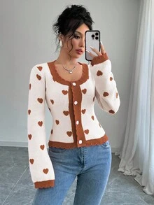 Elenzga Casual Colorblock Heart Jacquard Knit Cardigan, Autumn/Winter - Apricot - View 6