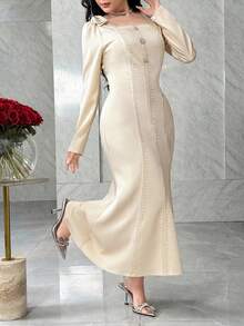 Modelyn Bow Collar Waist Cinched Slimming Elegant Long Dress