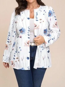 Comfylo 大码女式花卉印花开襟休闲通勤夹克，春秋季 - 白色 - 查看 7