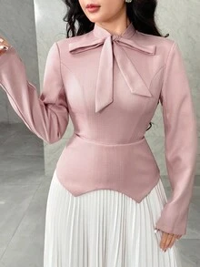 Feyla Women's Tie Collar Long Sleeve Contrast Color Pleated Hem Elegant Dress