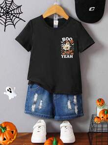 Kleine Jungen Lässig Fashion kreative Buchstaben, Kürbis, Skateboard Grafik Muster Halloween Cartoon Waschbär Muster lustiges Kurzarm Rundhals T-Shirt, geeignet für Feiertage und den täglichen Gebrauch, für Halloween Party