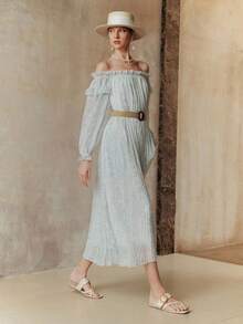 Arave Women's Off Shoulder Chiffon Pleated Maxi Dress, Flowing And Romantic