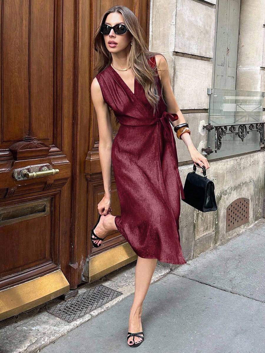 Pariaura Women's Navy Blue Elegant Commuter Faux Denim Sleeveless V-Neck Waist Cinched Maxi Dress - Burgundy - View 1