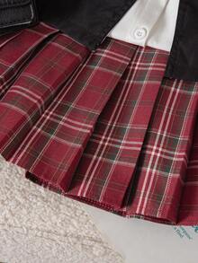 Souflis Souflis 年轻女孩经典学院风夹克，配有徽章领、撞色饰边和格子蝴蝶结格子百褶裙套装 - 黑色 - 查看 5