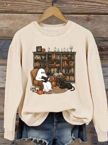 EMERY ROSE Moletom Retrô com Fantasma Lendo, Moletom de Halloween para Bibliotecária Fantasma, Moletom de Halloween para Professor, Camisa de Halloween para Amantes de Livros, Camisa de Livro com Fantasma, Moletom Gola Redonda Plus Size para Mulheres