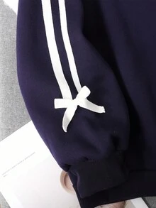 Teen Girls Navy Blue Sweatshirt With Bowknot Lace Printing,Round Neck Pullover Long Sleeve,Cute Back-To-School Autumn Graduation Winter Casual Top - Royal Blue - View 6