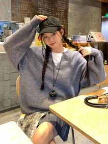 DAZY 女式V领纯色休闲街头风格宽松长袖毛衣 - 灰色 - 查看 8