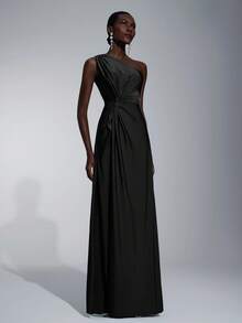 SHEIN Belle Women's Romantic Elegant Green Elastic Knit Fabric One-Shoulder Twist Loose A-Line Bridesmaid Dress