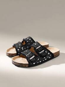 女士圆头流苏水钻双扣平底休闲日常宴会通勤时尚百搭鞋 - 黑色 - 查看 2