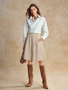 House of One Wrapped Loose Fit High-Waist Slant Pockets Solid Woven Women Mid Shorts Autumn Casual Wear