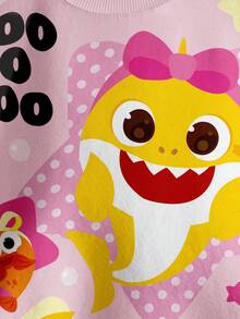 BABY SHARK X SHEIN Young Girl Letter & Cartoon Shark Pattern Crew Neck Long Sleeve Sweatshirt - White - View 4