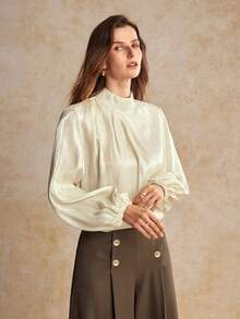 House of One Turtleneck Draped Bishop Sleeves Shiny Top Women Spring Autumn Casual Elegant Wear