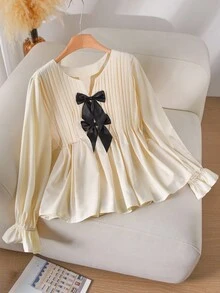 CosyJoli Blusa de manga larga con cuello en V, plisada, con volantes y lazo decorativo, blusa con lazo, blusa de mujer color crema con lazo, blusa elegante con pliegues, blusa de mujer - Albaricoque - Ver 1
