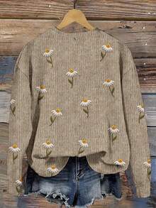 EMERY ROSE Casual Minimalist Printed Pattern Crew Neck Loose Fit Plus Size Women Sweatshirt, Vintage Style, 3D Embroidered Print, Suitable For Early Autumn Pullover For WomenIn ,Spring