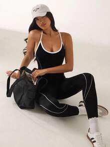 SHEIN BAE 黑色 & 白色露背吊带无缝运动连体裤 - 黑與白 - 查看 7