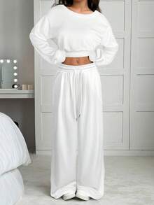 SHEIN EZwear 2 件套女士不对称领落肩短款上衣和阔腿休闲裤，秋季 - 白色 - 查看 6