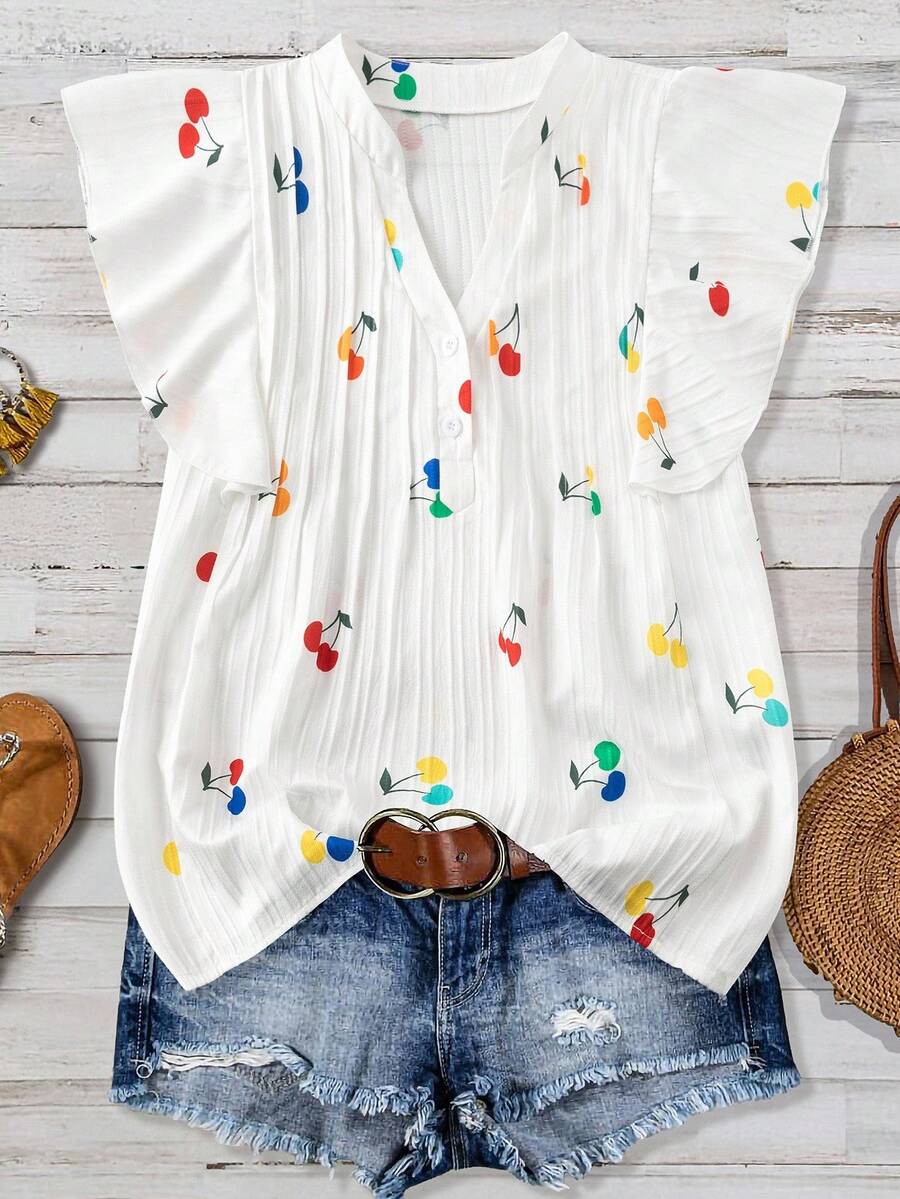 SHEIN Clasi 女式樱桃印花褶领 H 型休闲日常度假盖袖衬衫 - 彩色 - 查看 1
