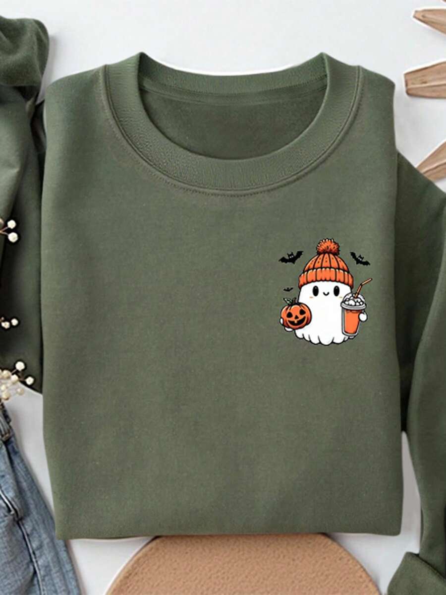 INAWLY 大码万圣节可爱鬼魂图案运动衫 - 綠色 - 查看 1