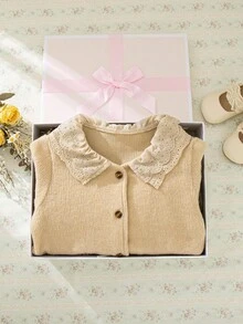 4-7岁女童法式复古风套装，甜美蕾丝领针织开衫+格子百褶裙，仿皮草面料，可爱日常穿搭 - 卡其色 - 查看 6