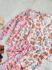 Snug Zone 2Sets Christmas Gingerbread Print Holiday Two Piece Pajama Set, Fall Clothes - Multicolor - View 5
