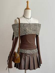 SHEIN Unity Women's Brown Leopard Print Off Shoulder Tight Long Sleeve Backless T-Shirt,90s Themed Retro Club Night,Shades Of Brown,Autumn Fashionable Tee - Multicolor - View 4