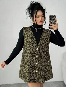 Elenzga 大码女式V领无袖豹纹连衣裙，秋冬 - 綠色 - 查看 7