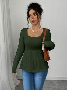 Elenzga Women's Casual Solid Color Waist Cinched Sweater - Green - View 3