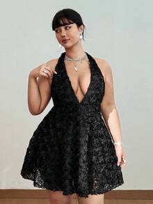 Viva Relle Plus Size Women's 3D Floral Deep V-Neck Party Mini Dress - Black - View 3