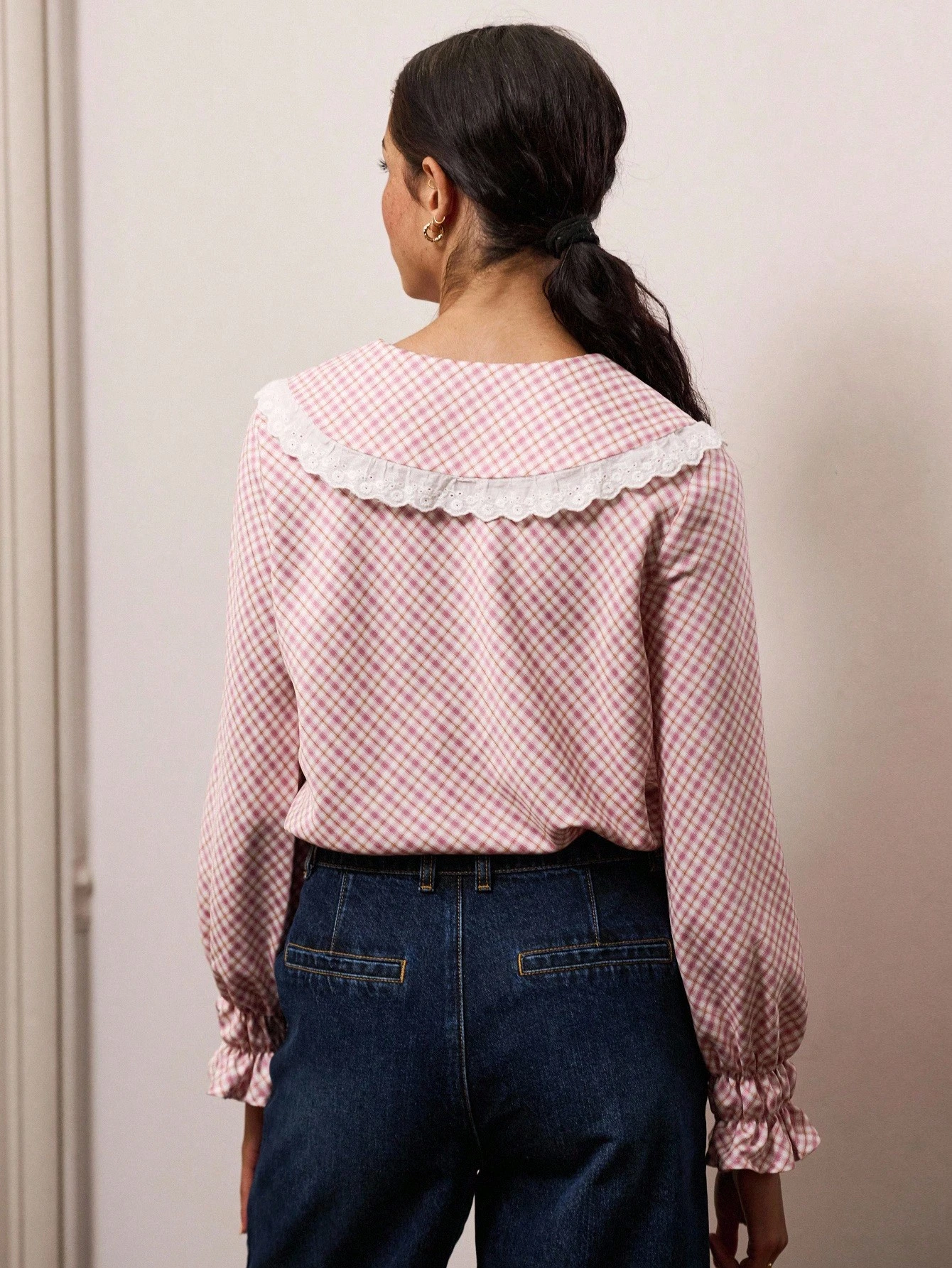 Pink Gingham Blouse With Lace-Trimmed Peter Pan Collar And Ruched Long Sleeves Fall Women Spring Summer Office