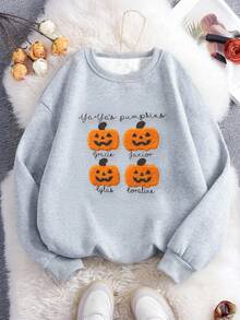 SHEIN 南瓜图案刺绣卫衣，时尚简约设计，女式圆领长袖，适合送给朋友的礼物，秋冬 - 淺灰色 - 查看 3