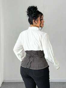 Elenzga Plus Size Women Solid Color Patchwork Long Sleeve Casual Shirt, Pleated Asymmetric Hem Autumn Blouse, Elegant/Office/Date Wear, Two Pieces Striped Shirt. Long Sleeve Shirt For Autumn Fall Cloth For Women