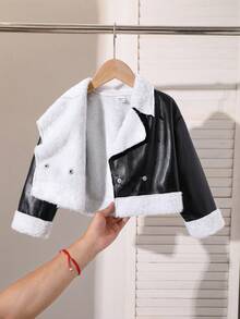 Elladie kids 年轻女孩黑色 PU 人造毛皮夹克，采用亮面 PU 皮革材质，蓬松的白色毛皮领口和袖口，双排扣开合，短款廓形，温暖时尚，适合秋冬休闲外出 - 黑色 - 查看 7