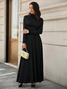 EMERY ROSE Bộ 2 áo thun dài tay cổ đứng thanh lịch cho nữ và chân váy dài dệt kim, Thu/Đông - màu đen - Xem 3